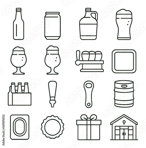 Beverage container linear icon set. featuring bottle, can, jug, glass, brewery, growler, and cap symbols