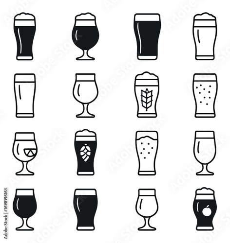 Beer silhouette icon set. featuring lager, stout, ale, pilsner, pint, goblet, wheat, hops, bubbles, and cider