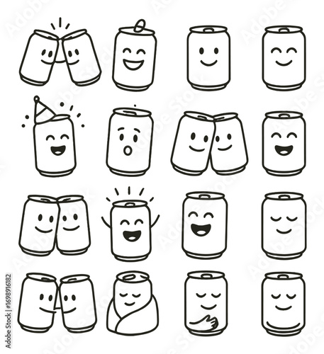 Beverage cans linear icon set. featuring happy, party, hugging, wrapped, and surprised can designs