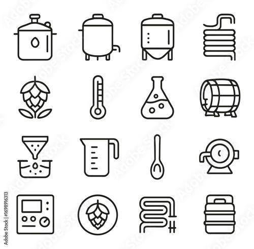 Brewery equipment linear icons set. featuring kettle, fermenter, thermowell, hops, thermometer, glass, barrel