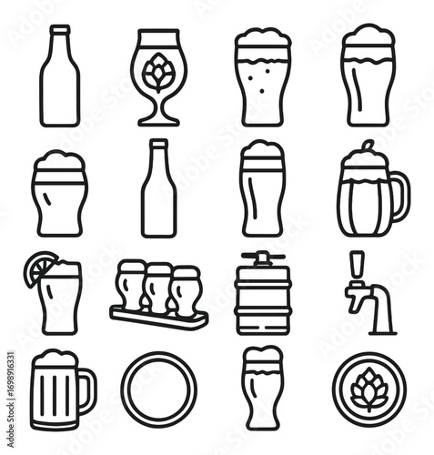 Beer and brew linear icons set. featuring bottle, glass, hops, pint, stein, keg, tap, and tray symbols