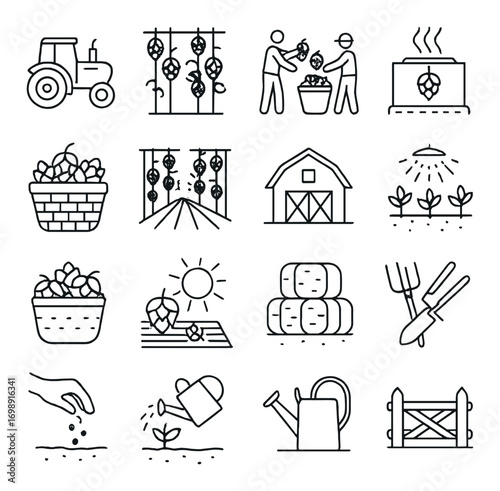 Farming and agriculture linear icon set. featuring tractor, crops, farming, harvesting, barn, and tools symbols