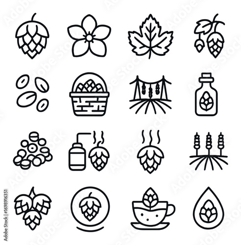 Beer brewing linear icon set. featuring hop, flower, leaf, seed, basket, oil, and tea symbols