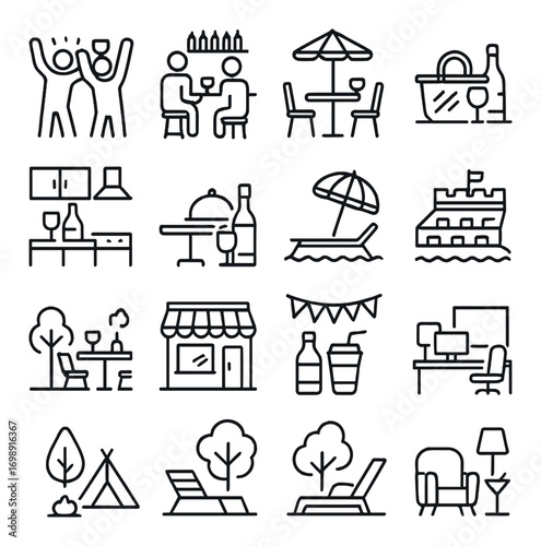 Outdoor dining linear icons set. featuring party, bar, cafe, picnic, resort, and camping symbols