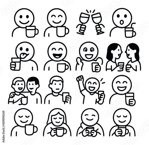 Social interaction linear icons set. featuring smile, conversation, drink, toast, chat, and relaxation symbols