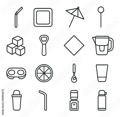 Barware linear icon set. featuring straw, coaster, umbrella, swizzle stick, ice cubes, bottle opener, napkin, water filter