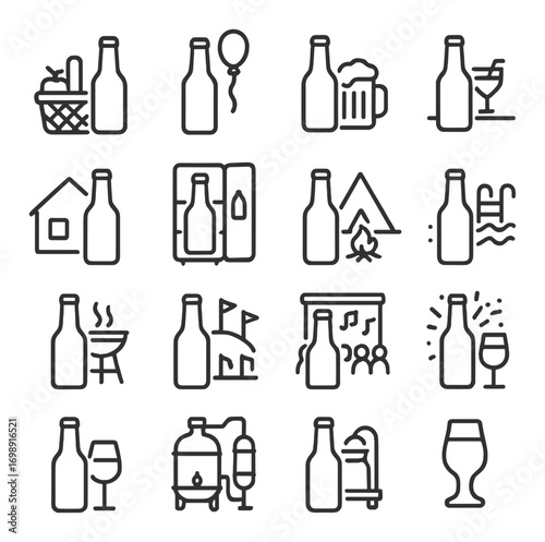 Leisure and drinks linear icon set. featuring picnic, balloon, beer, cocktail, home, barbecue, party, and wine symbols