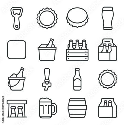 Beverage linear icon set. featuring bottle opener, bottle cap, pint glass, and beer crate symbols