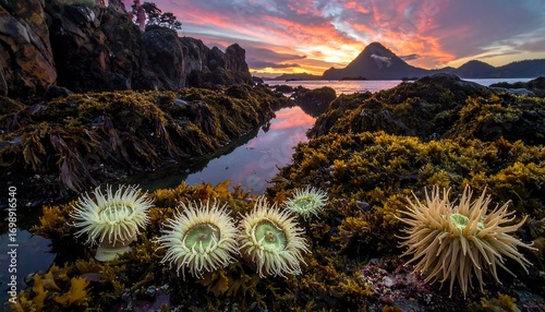 A breathtaking coastal scene at sunset, showcasing vibrant colors and diverse marine life.