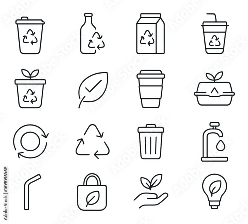 Eco-friendly recycling linear icon set. featuring bottle, carton, cup, bin, leaf, and plant symbols