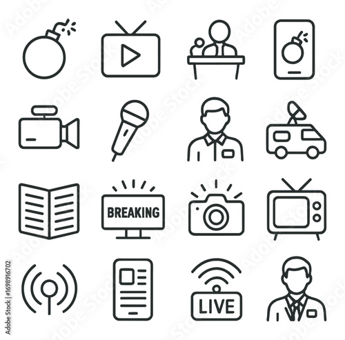 Broadcasting linear icon set. featuring tv, camera, microphone, news, satellite, and live symbols