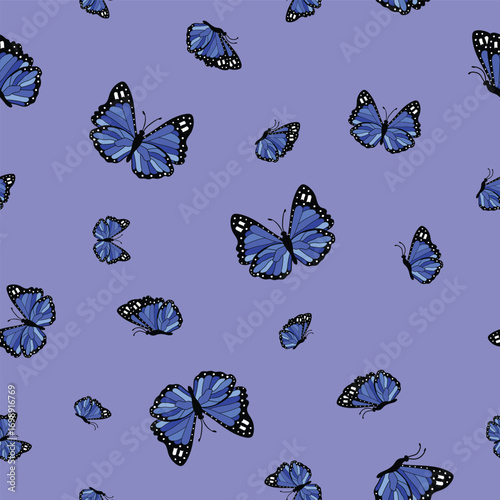 Brilliant Blue Morpho Butterflies Scattered on a Deep Purple Violet Background creating a seamless pattern print