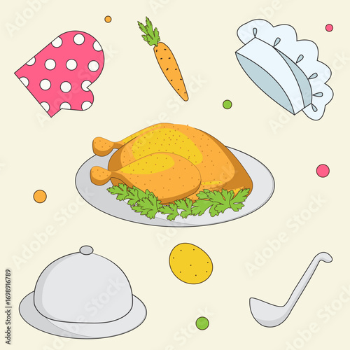 Cooking set, baked chicken, grilled chicken with cadle, carrots, potatoes, dish, vegetables, cook