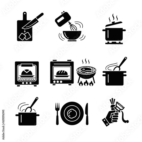 Food preparation steps icon set in minimalist style on transparent background
