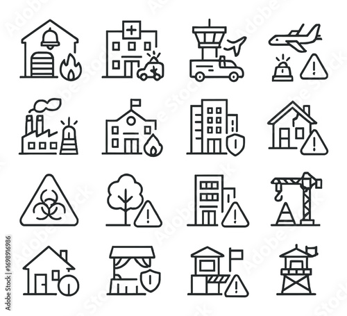 Safety and disaster preparedness linear icon set. featuring hospital, alarm, airplane, factory, biohazard symbols