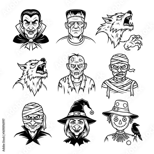 Halloween character icons set in line art style on transparent background