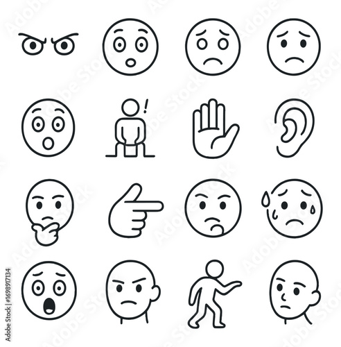 Emotion expressions linear icon set. featuring angry, sad, surprised, thinking, confused, and more emotive icons