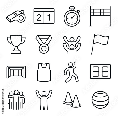 Sports activities linear icon set. featuring whistle, calendar, stopwatch, net, trophy, medal, team, flag icons