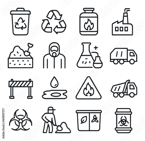 Recycling and waste management linear icon set. featuring bin, factory, scientist, truck, barrier, biohazard, and flask symbols