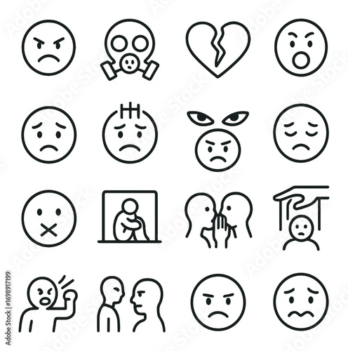 Emotions and reactions linear icon set. featuring anger, sadness, heartbreak, whispers, fear, confrontation