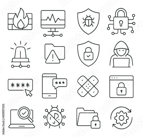 Cybersecurity linear icon set. featuring firewall, malware, encryption, hacker, alert, threat, and password symbols