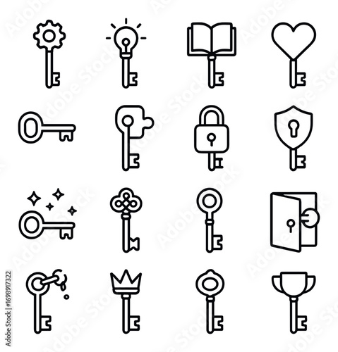 Keys and locks linear icon set. featuring gear, light bulb, book, heart, shield, and trophy icons