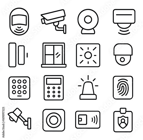 Security linear icon set. featuring motion sensor, cctv, webcam, alarm, lock, window, light, camera, keypad, calculator