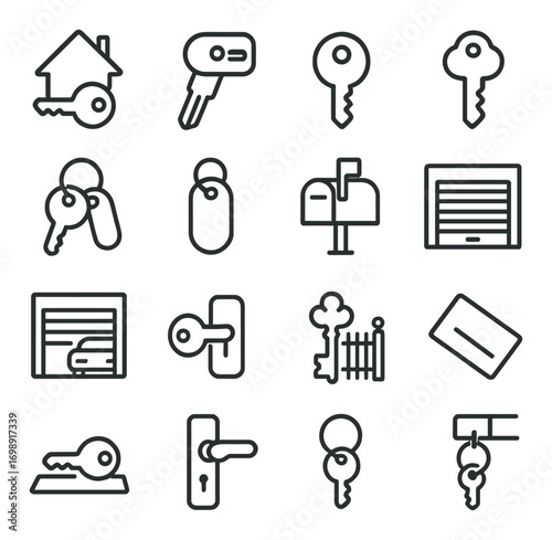 Home security linear icon set. featuring house key, door lock, mailbox, garage, and gate symbols