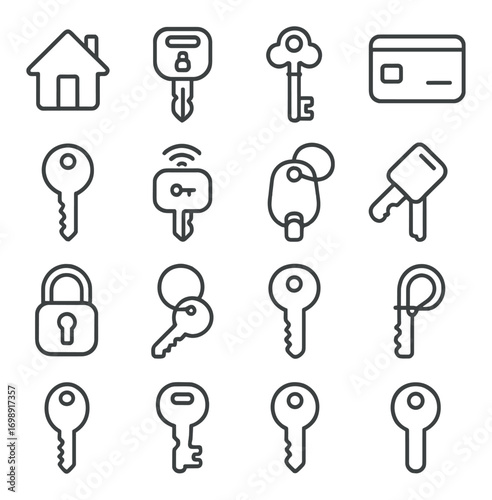 Home security linear icon set. featuring house, key, card, lock, and door symbols