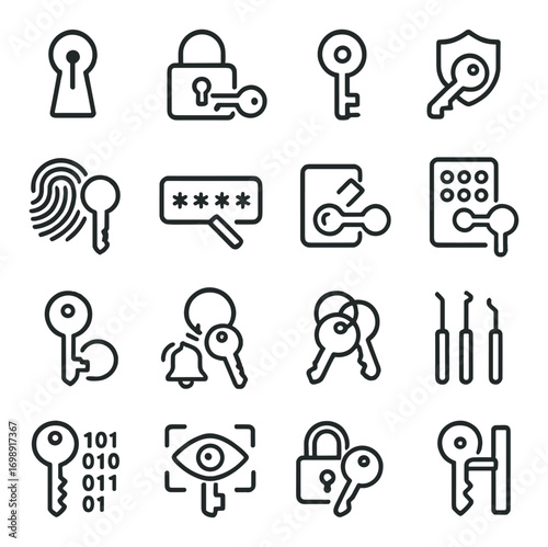 Security linear icon set. featuring lock, key, shield, fingerprint, password, alarm, access, and privacy symbols