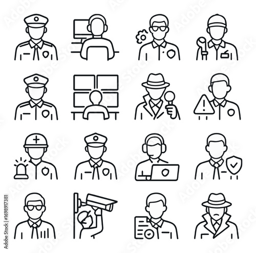 Security linear icon set. featuring police officer, cctv, detective, hacker, surveillance, and security shield symbols