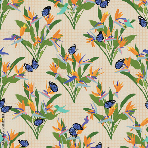 Hummingbirds and Bird of Paradise and Butterflies on a Warm Tan Textured background creating a seamless pattern print