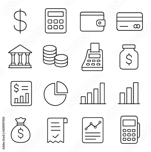 Finance and banking linear icons set. featuring currency, calculator, wallet, credit card, bank, and chart symbols