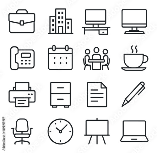 Office essentials linear icon set. featuring briefcase, building, computer, phone, calendar, meeting, and coffee