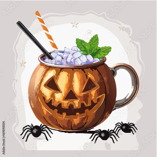 Spooky Pumpkin Mule Vector Cocktail Collection in Jack-O’-Lantern Mugs with Creepy Halloween Garnishes