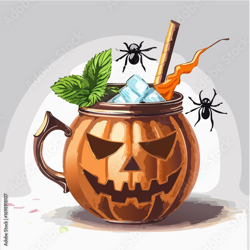 Spooky Pumpkin Mule Vector Cocktail Collection in Jack-O’-Lantern Mugs with Creepy Halloween Garnishes