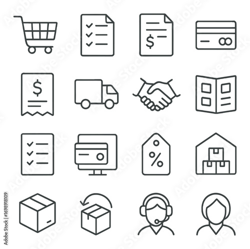 Business and e-commerce linear icon set. featuring shopping cart, documents, credit card, receipt, delivery truck, handshake, brochure.