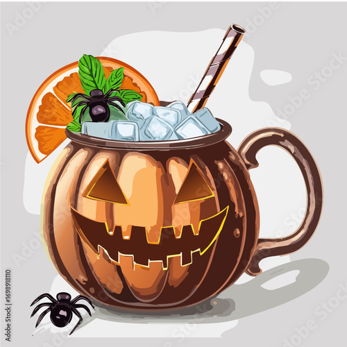 Spooky Pumpkin Mule Vector Cocktail Collection in Jack-O’-Lantern Mugs with Creepy Halloween Garnishes