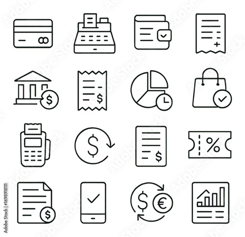 Finance and shopping linear icon set. featuring credit card, receipt, bank, invoice, discount, and currency exchange symbols