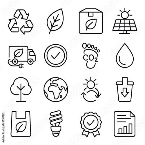 Environment linear icon set. featuring recycling, solar panel, co2, water drop, tree, globe, and eco bag symbols
