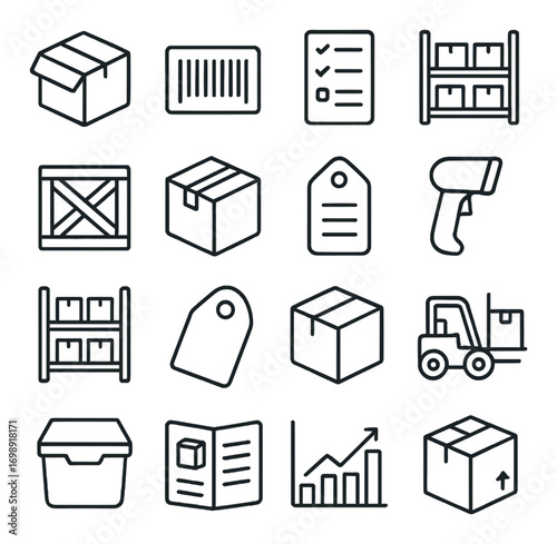 Warehouse and shipping linear icon set. featuring box, barcode, checklist, shelf, tag, and forklift symbols