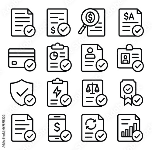 Finance and business linear icon set. featuring document, dollar, magnifier, card, id, shield, clipboard, badge, mobile, graph