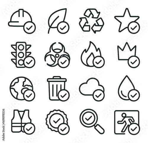 Safety and environment linear icon set. featuring helmet, leaf, recycle, star, traffic light, biohazard, fire, crown.
