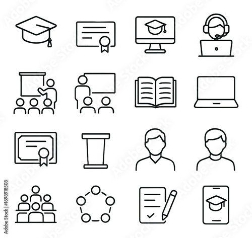 Education and online learning linear icon set. featuring graduation, certificate, online course, teacher, and laptop symbols