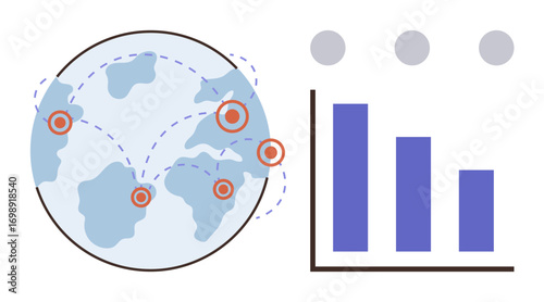 Earth with location points and dotted lines linking regions beside a bar graph. Ideal for globalization, logistics, trade, analytics, teamwork, technology, education. A simple flat metaphor