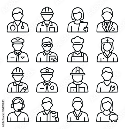Professions linear icon set. featuring doctor, engineer, teacher, chef, pilot, nurse, and more symbols