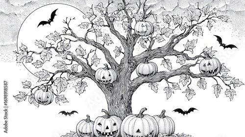 Spooky, monochrome illustration of a tree with pumpkins, bats, and moon