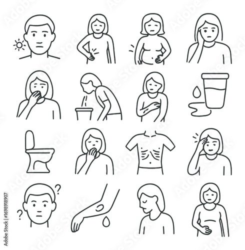 Health symptoms linear icon set. featuring headache, nausea, vomiting, rash, diarrhea, fever, fatigue, and dehydration icons