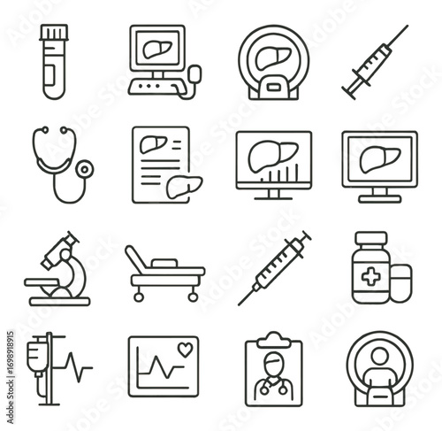 Medical equipment linear icons set. featuring mri, syringe, microscope, stethoscope, and hospital bed