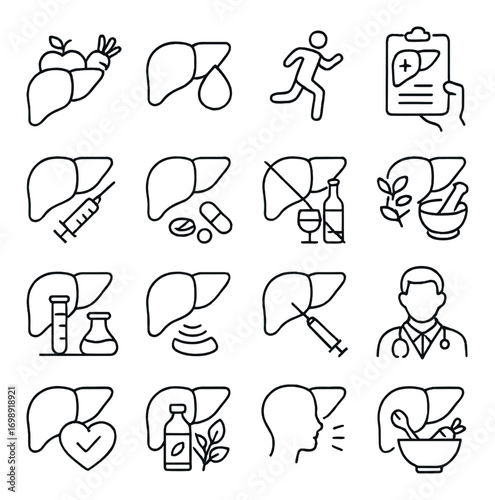 Healthcare and liver wellness linear icon set. featuring herbs, diagnosis, running, vaccination, and pills
